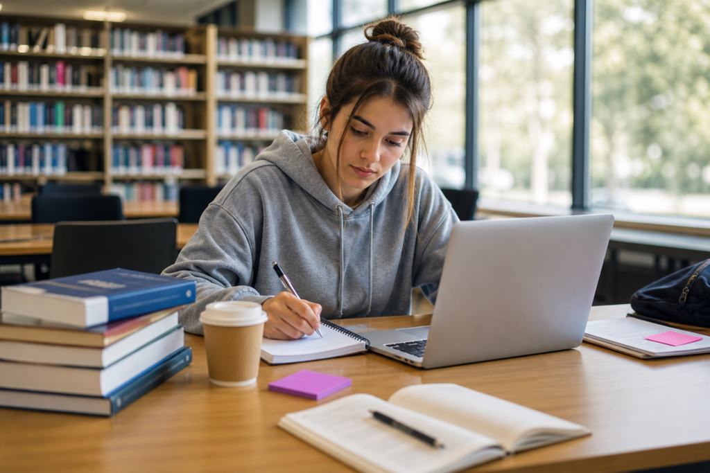 College student studying in library using laptop and notes for assignments