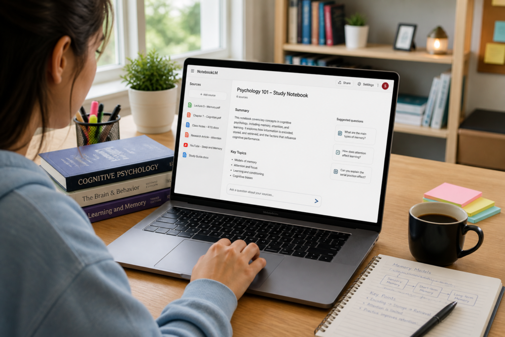 College student using best free AI tools for college students to study smarter on laptop