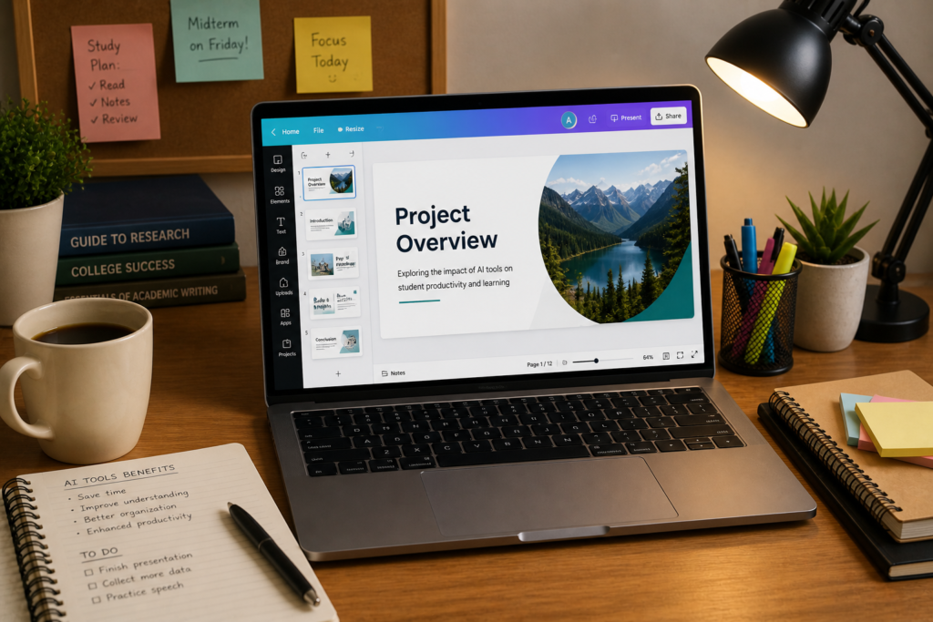 Laptop showing presentation created using best free AI tools for college students