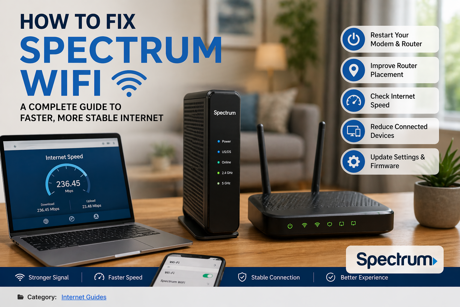 how to fix spectrum wifi guide showing router modem and internet speed setup