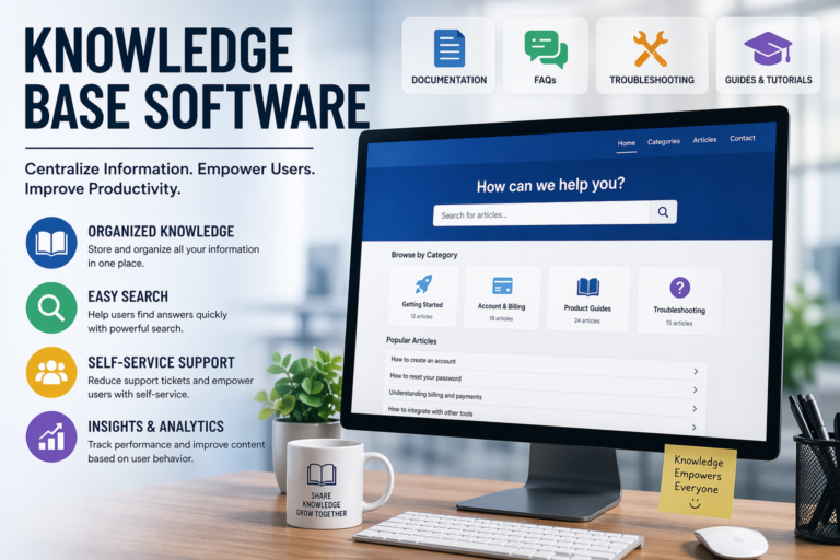 knowledge base software interface showing help center dashboard with search, FAQs, and documentation features