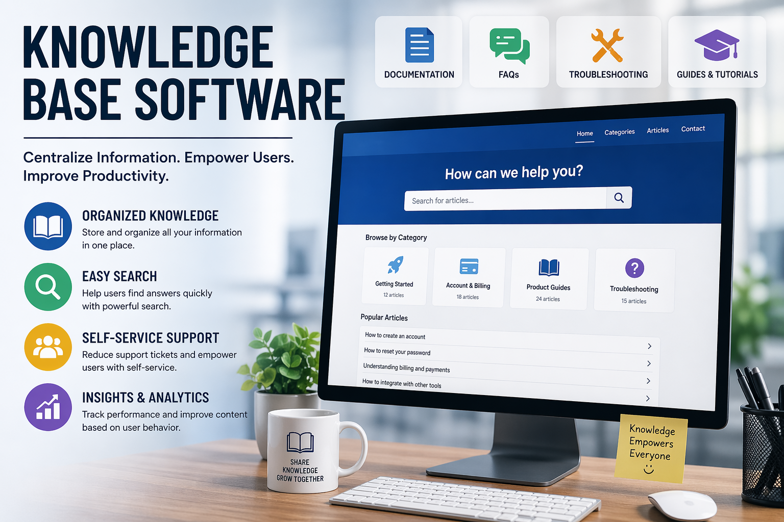 knowledge base software interface showing help center dashboard with search, FAQs, and documentation features