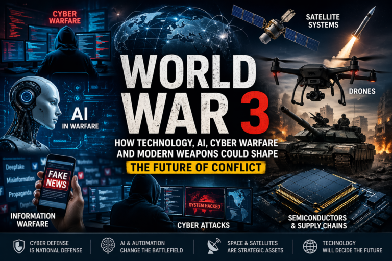 world war 3 technology concept showing AI, cyber warfare, drones, satellites, and modern military systems