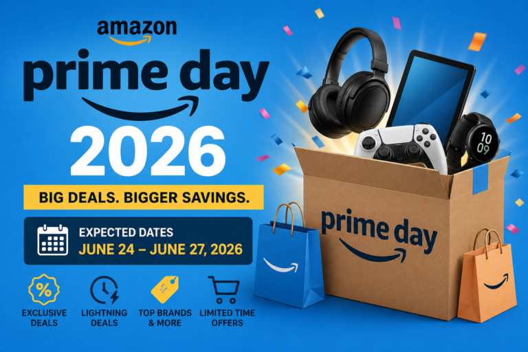 Amazon Prime Day 2026 banner showing expected dates, big discounts, and electronics deals