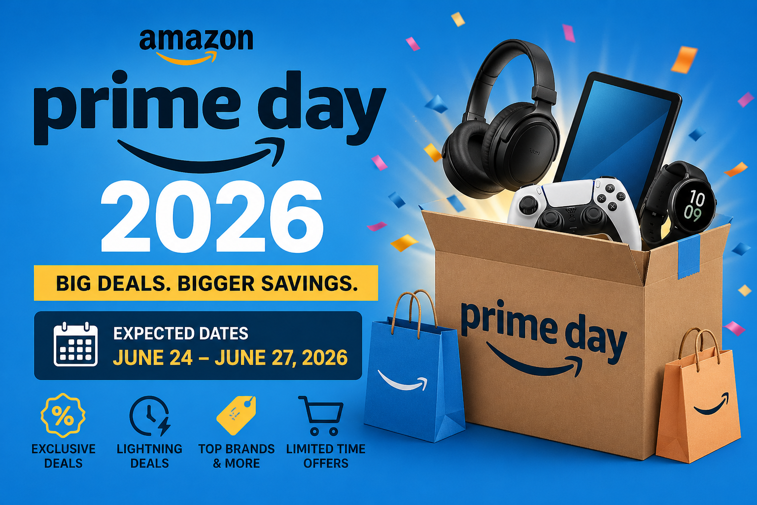 Amazon Prime Day 2026 banner showing expected dates, big discounts, and electronics deals