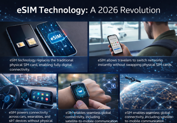 eSIM technology replacing physical SIM card with global digital connectivity concept