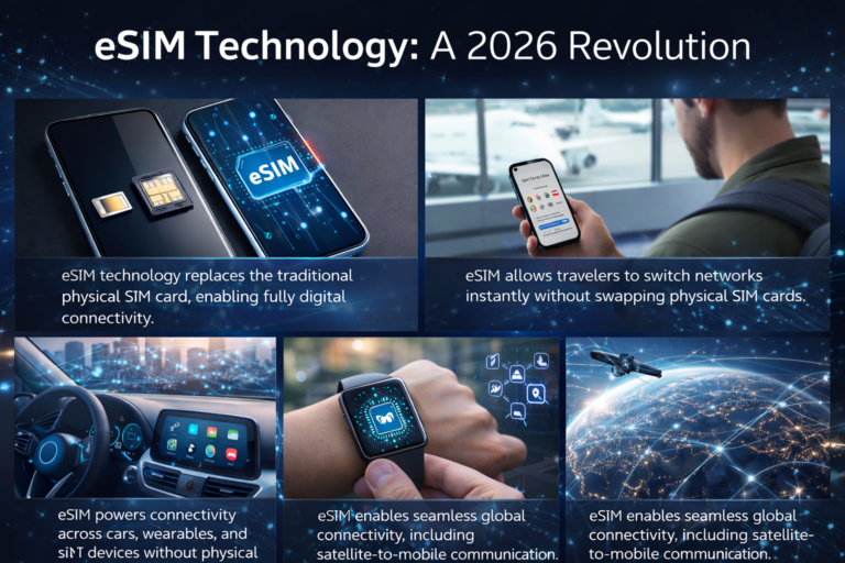 eSIM technology replacing physical SIM card with global digital connectivity concept