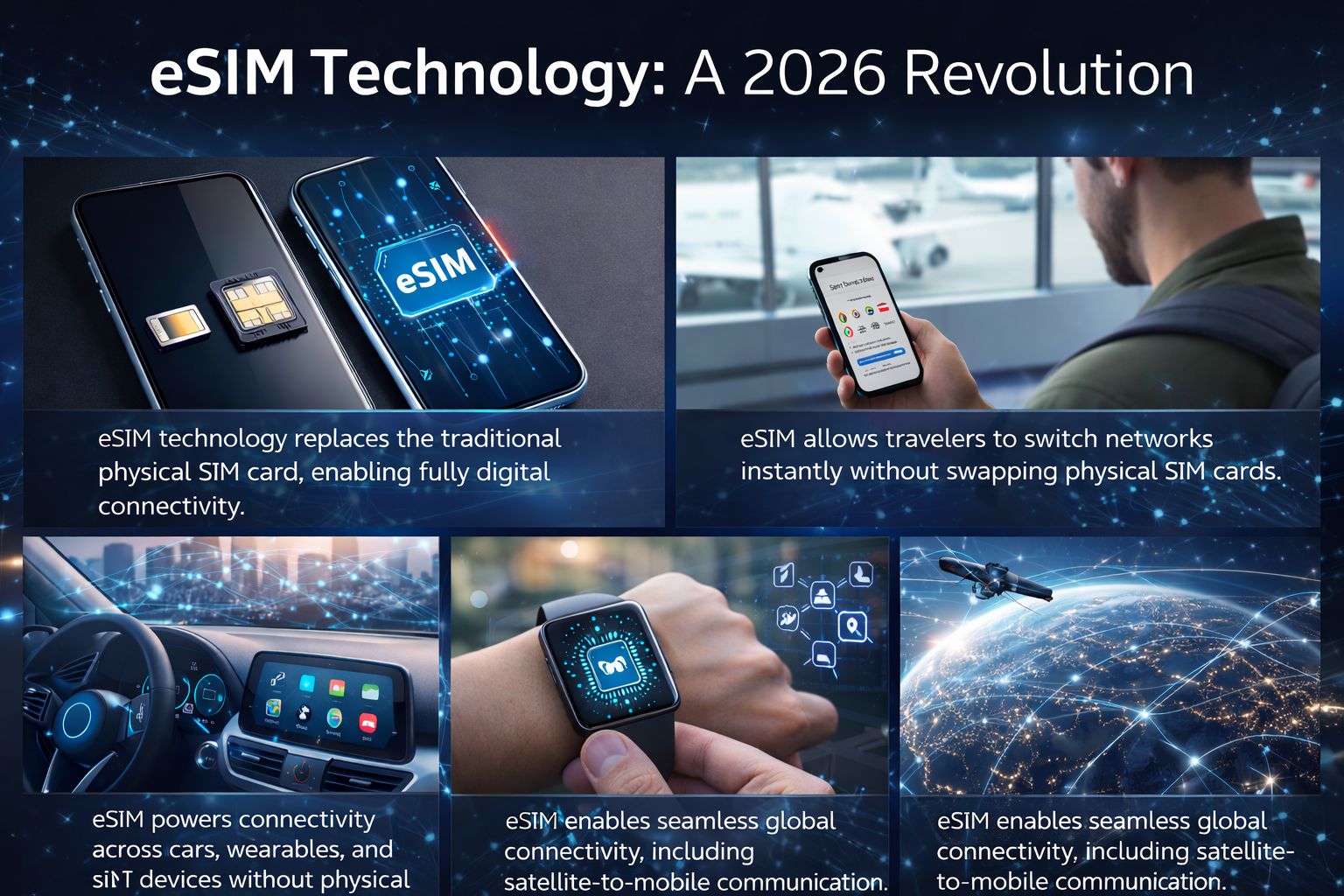 eSIM technology replacing physical SIM card with global digital connectivity concept