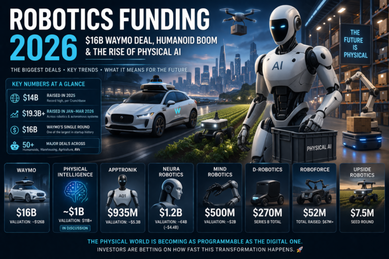 Robotics funding 2026 Waymo humanoid AI trends