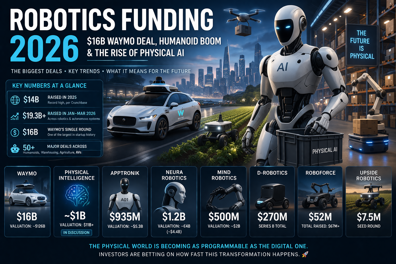 Robotics funding 2026 Waymo humanoid AI trends