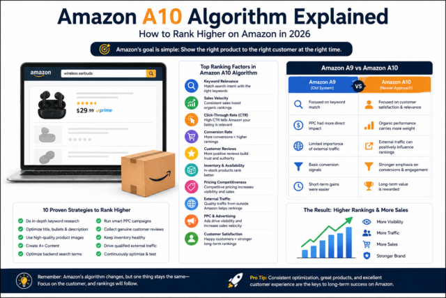 Amazon A10 Algorithm infographic showing ranking factors, Amazon SEO strategies, A9 vs A10 comparison, PPC, keyword optimization, customer reviews, and product ranking guide for 2026.